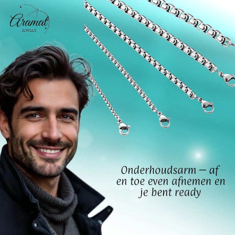 Aramat Jewels unisex silver-colored stainless steel 6mm chunky jasseron chain necklace worn by a smiling man.