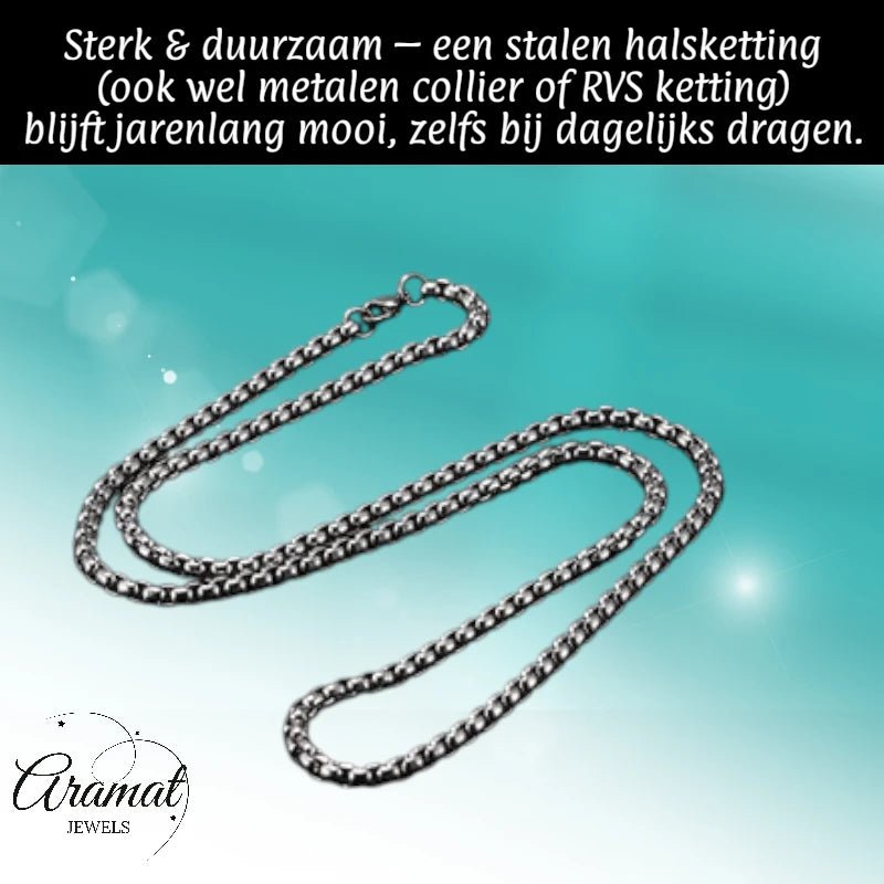 Aramat Jewels silver-colored stainless steel rolo chain necklace with 3.5mm round links and a lobster clasp.