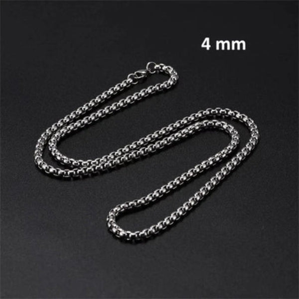 Aramat Jewels 4mm silver-colored stainless steel rolo chain necklace with a lobster clasp on a black background.