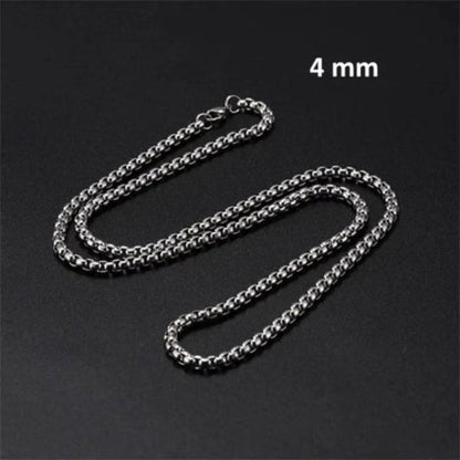Aramat Jewels 4mm silver-colored stainless steel rolo chain necklace with a lobster clasp on a black background.