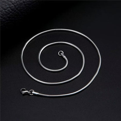 Aramat Jewels silver-colored stainless steel round snake chain necklace with a lobster clasp on a black background.