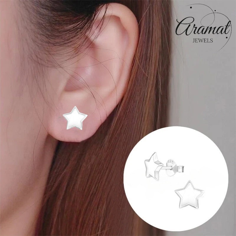 Aramat Jewels 925 sterling silver star stud earrings, 8mm, high-polish finish.