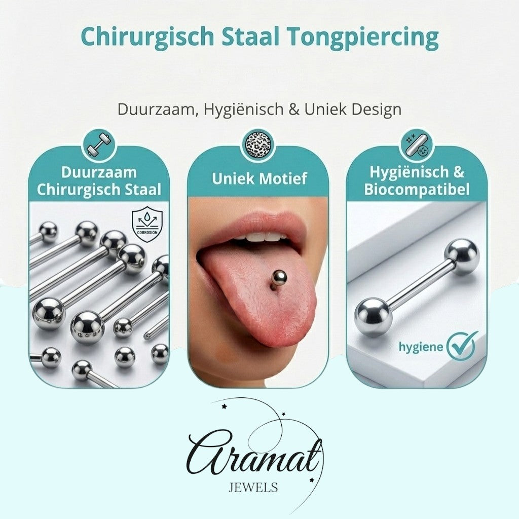 Aramat Jewels silver-colored surgical steel tongue piercing with a star motif in black, white, and red. Features two 6mm balls.