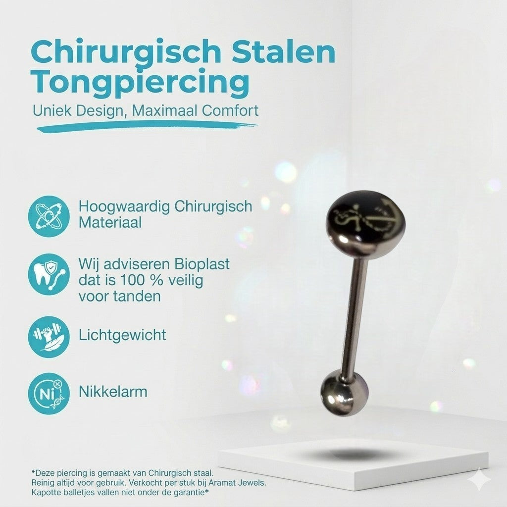 Aramat Jewels silver steel tongue piercing with black acrylic ball featuring an anchor design.