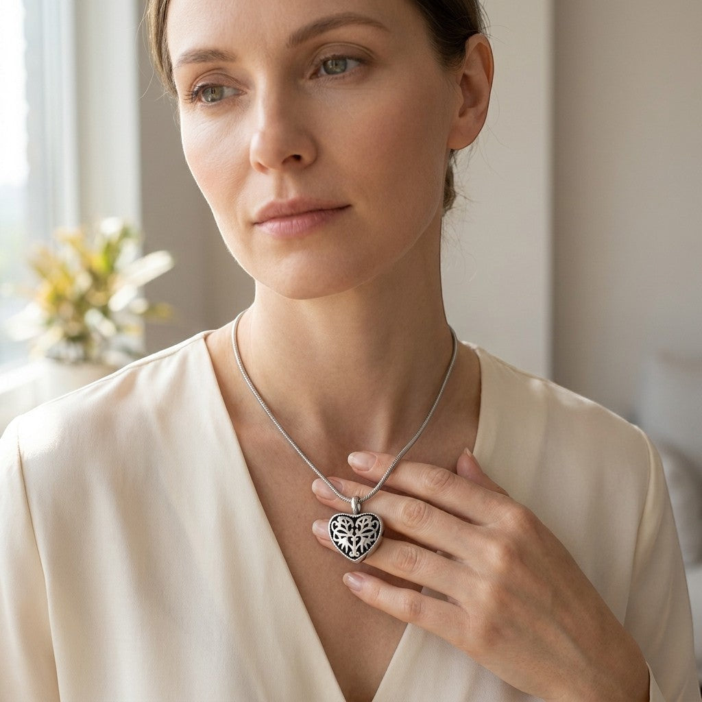 Aramat Jewels silver-tone steel heart-shaped cremation pendant with black enamel inlay, worn by a woman.