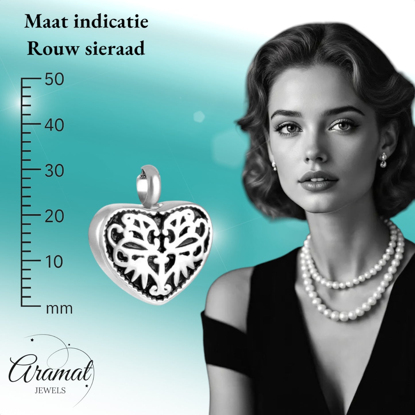 Aramat Jewels silver-tone steel heart-shaped cremation urn pendant with black enamel filigree detail.