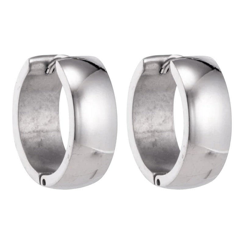 Aramat Jewels silver-coloured stainless steel hoop earrings, 13mm diameter, 7mm width, unisex design.
