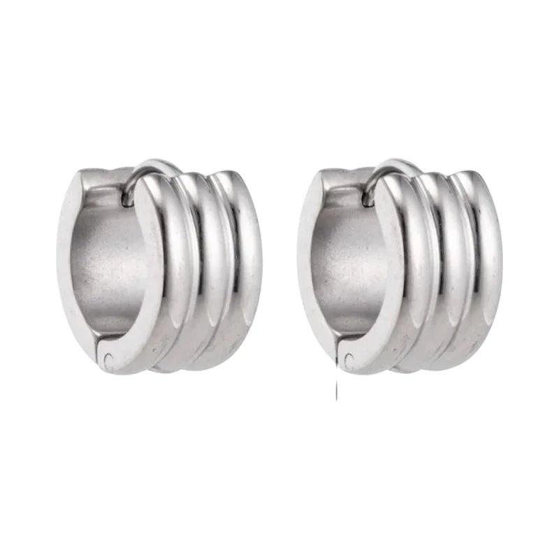 Aramat Jewels wide silver-tone stainless steel hoop earrings with ribbed detail, 13x7mm.