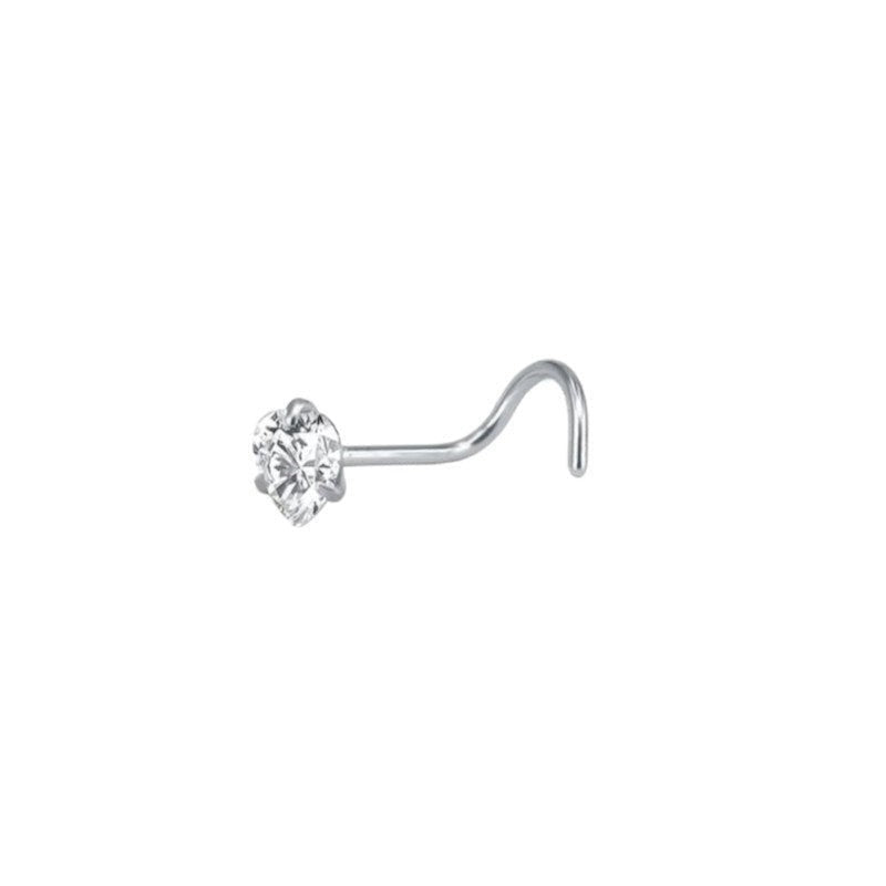 Aramat Jewels silver-tone steel nose piercing with a clear heart-shaped cubic zirconia stone and an S-curve post.