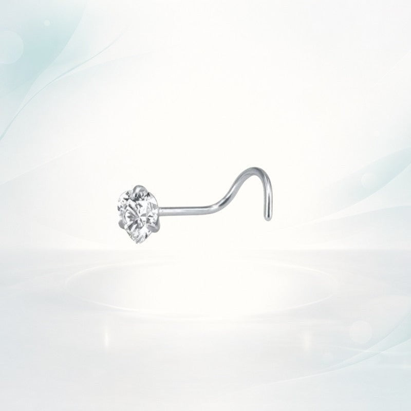 Aramat Jewels silver-tone steel nose piercing with a clear heart-shaped zirconia stone and S-curve post.