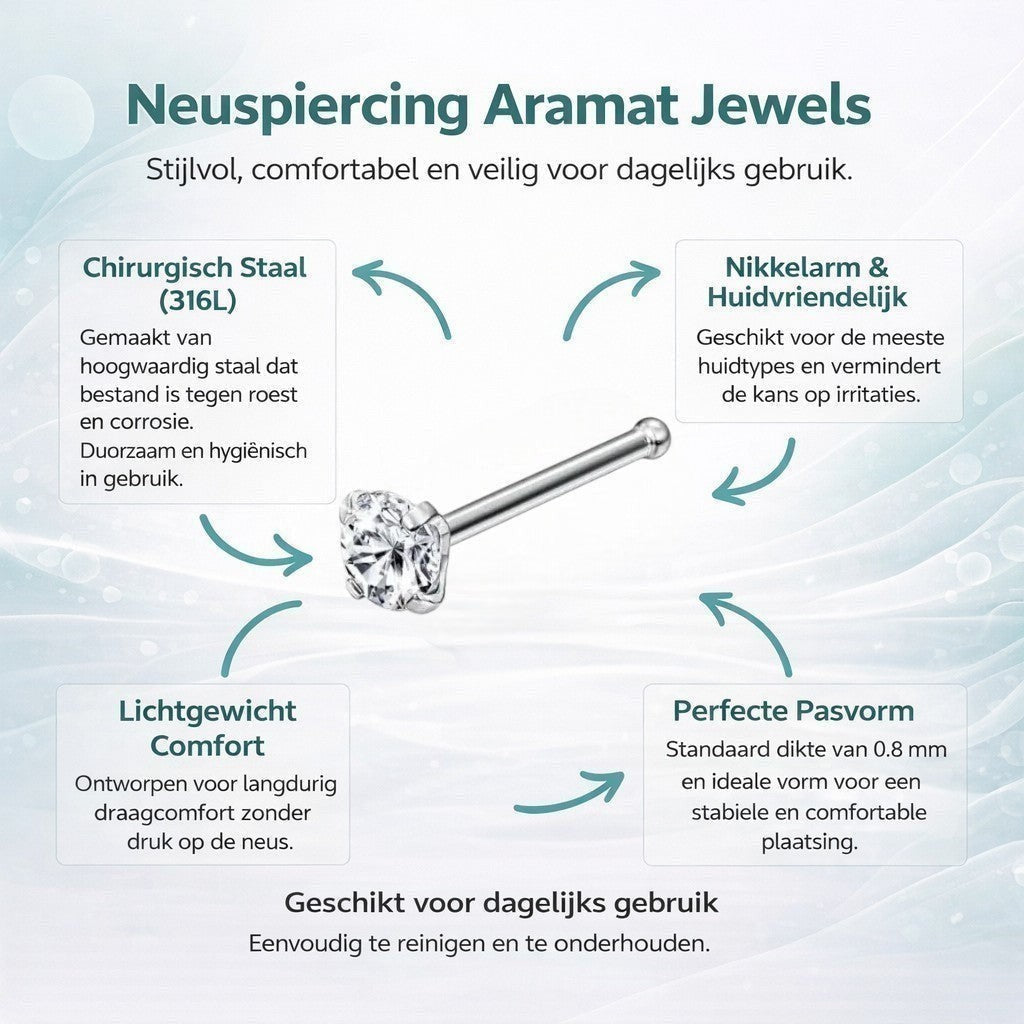 Aramat Jewels silver-colored steel nose piercing with a clear round 2mm zirconia stone and a straight post.
