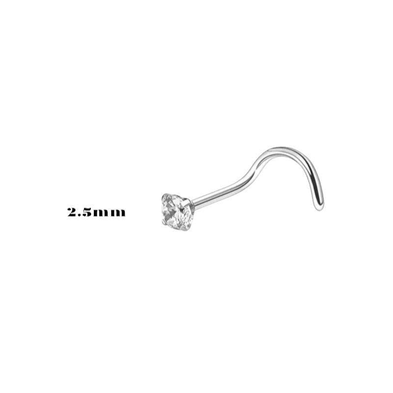 Aramat Jewels silver steel nose piercing with a clear 2mm cubic zirconia stone and a curved S-shaped post.