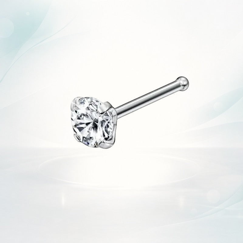 Aramat Jewels silver steel nose stud with a clear 2mm round zirconia stone and a straight post.