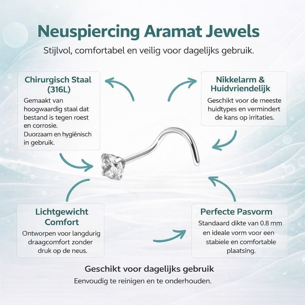 Aramat Jewels silver-tone steel nose stud with a clear 2mm cubic zirconia and a curved S-shaped post.