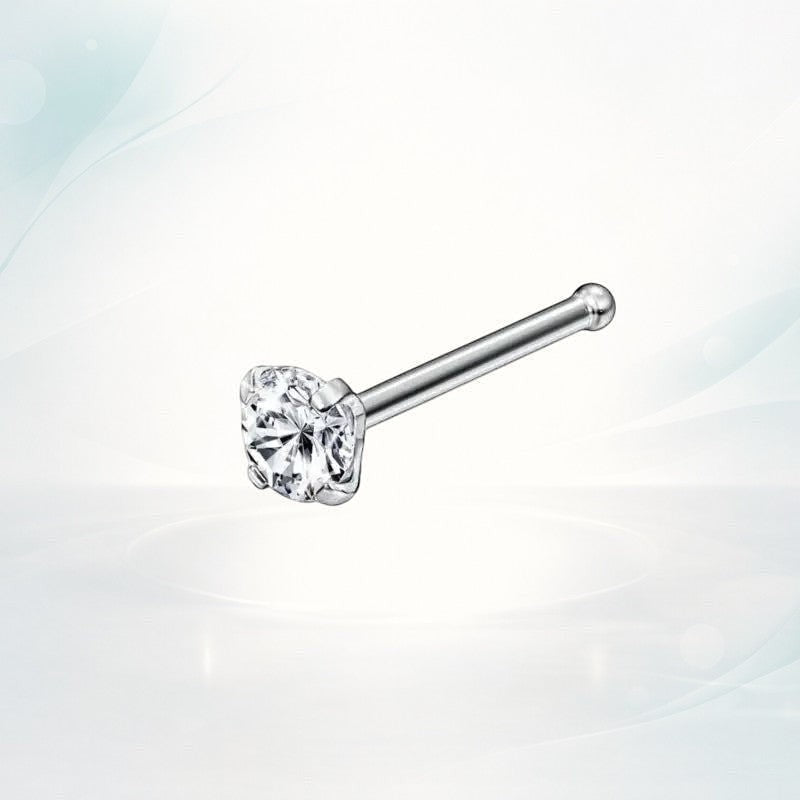 Aramat Jewels silver-colored steel nose piercing with a clear round 2mm zirconia stone and a straight post.