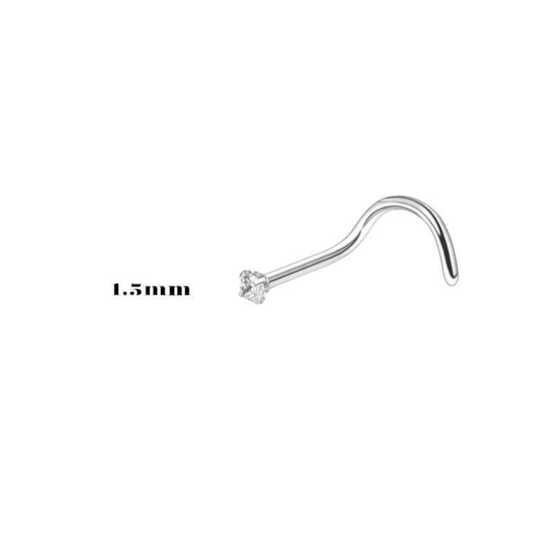 Aramat Jewels silver steel nose piercing with a 2mm transparent zirconia stone and a curved S-shaped post.