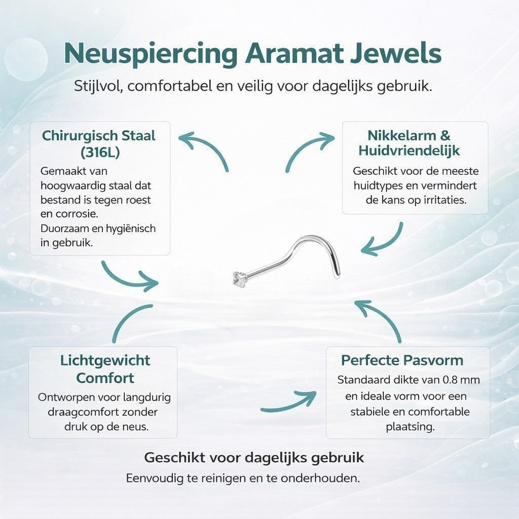 Aramat Jewels silver steel nose piercing with a 2mm clear cubic zirconia stone and a curved screw post.