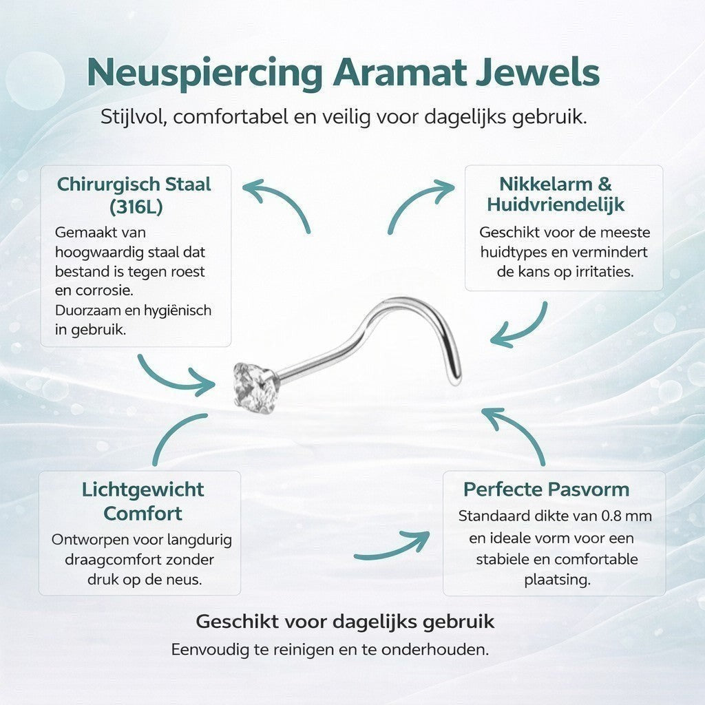 Aramat Jewels silver steel nose piercing with a 2mm clear cubic zirconia stone and a curved S-bar.