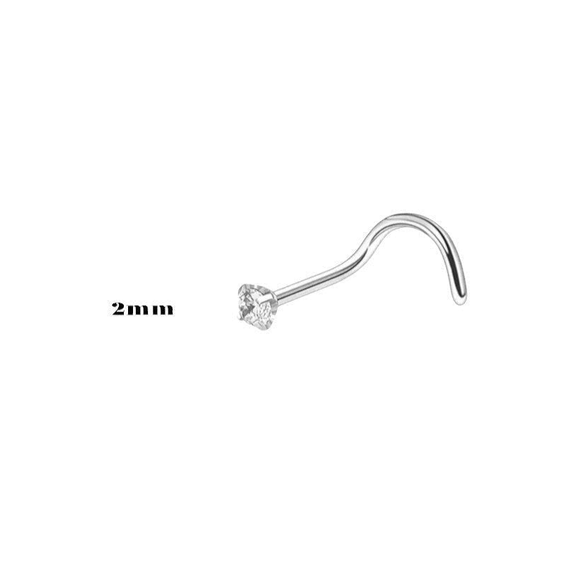 Aramat Jewels silver steel nose piercing with a 2mm clear cubic zirconia stone and a curved S-bar.