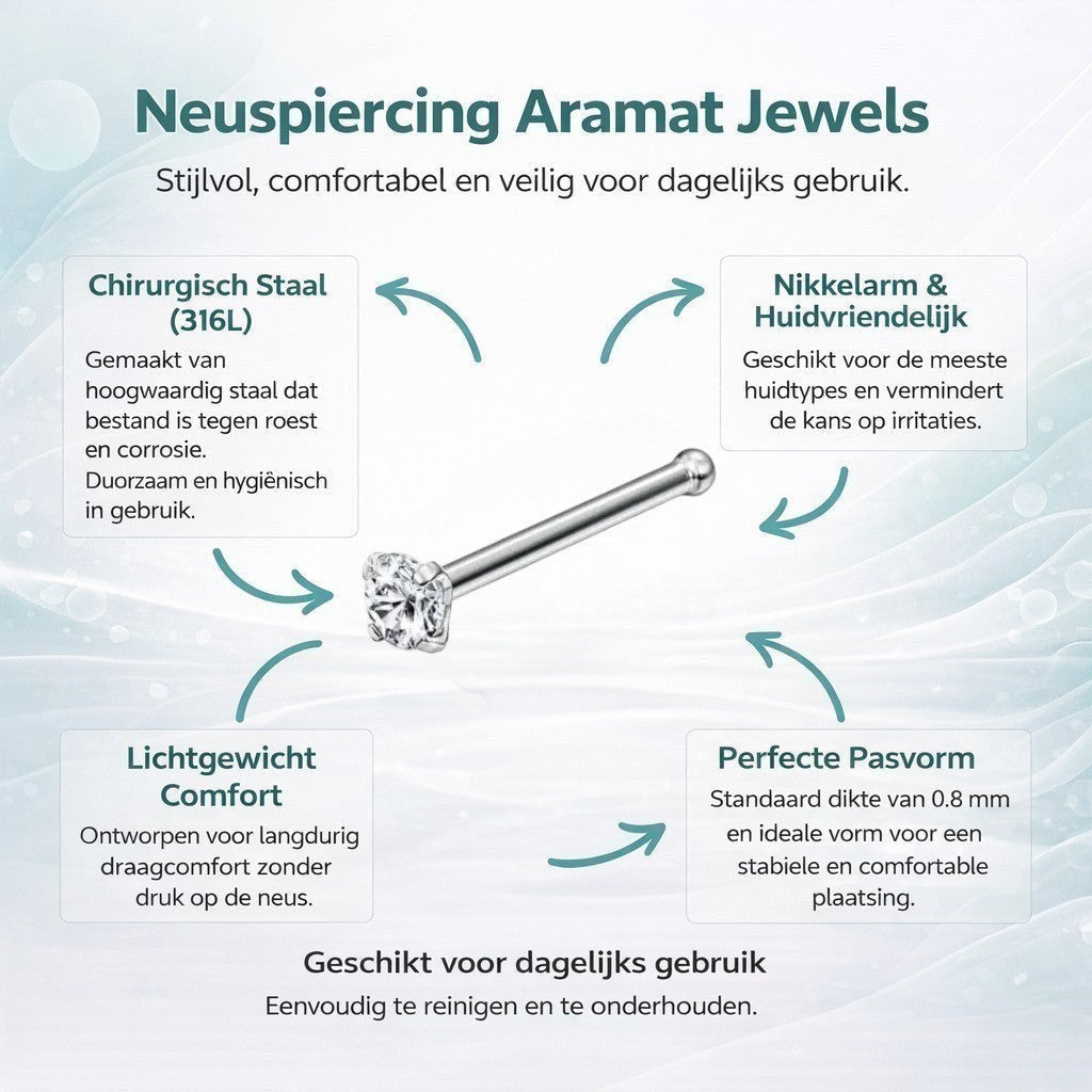 Aramat Jewels silver-tone steel nose stud with a clear round cubic zirconia stone and a straight post.