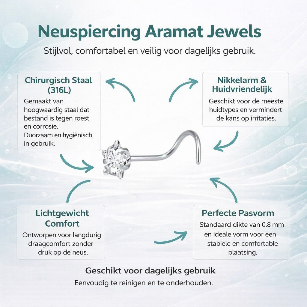 Aramat Jewels silver-colored steel nose piercing with a clear cubic zirconia stone and S-shaped hook.