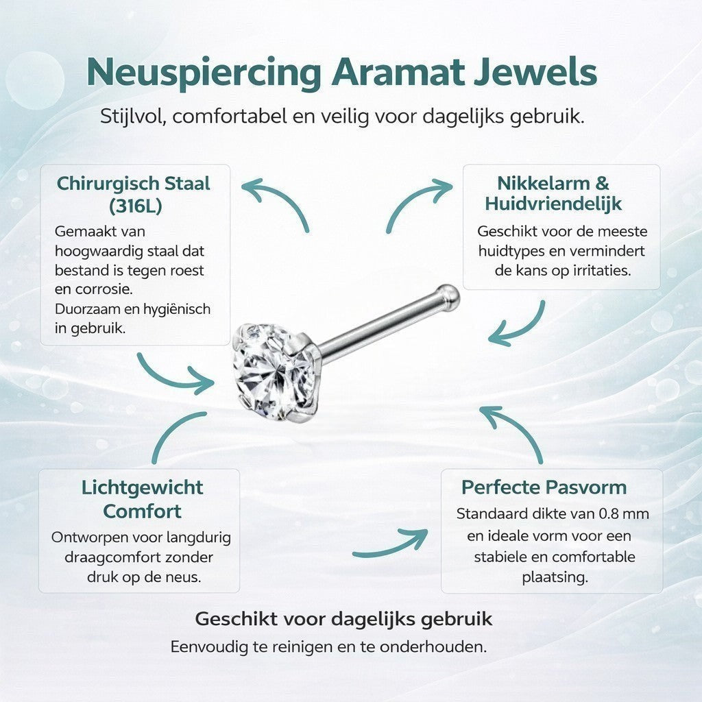 Aramat Jewels silver-colored steel nose stud with a clear round zirconia stone.