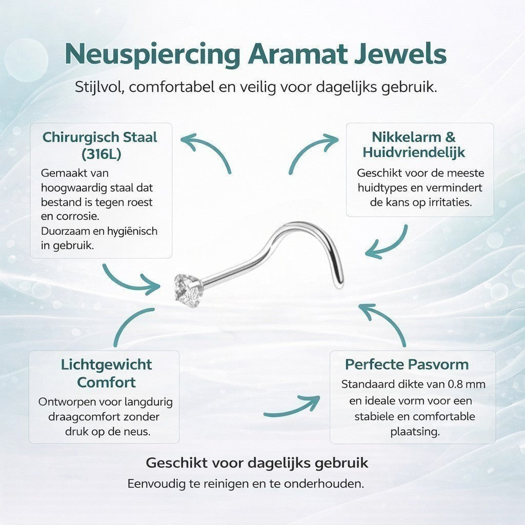 Aramat Jewels silver steel nose piercing with a 2mm clear cubic zirconia stone and a curved S-bar.