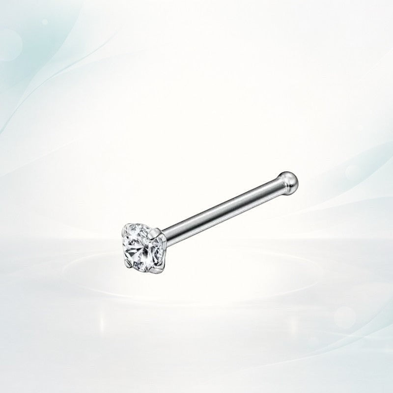 Aramat Jewels silver-colored steel nose piercing with a clear 2mm round zirconia stone and a straight post.