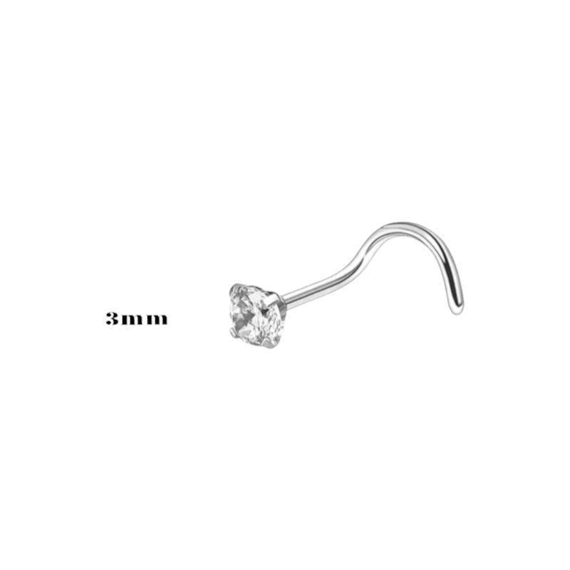 Aramat Jewels silver steel nose piercing with a 2mm transparent zirconia stone and a curved S-bar.