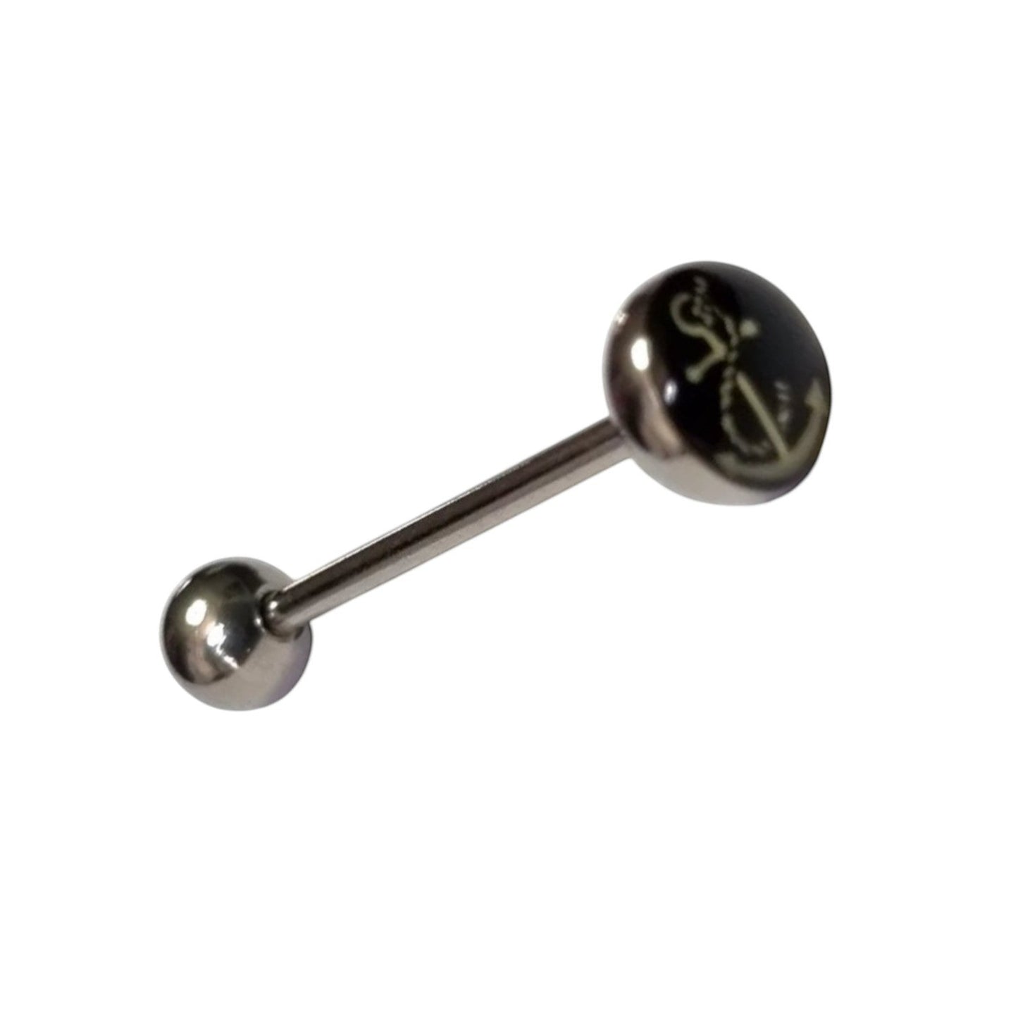 Aramat Jewels silver steel tongue piercing with black acrylic ball featuring an anchor design.
