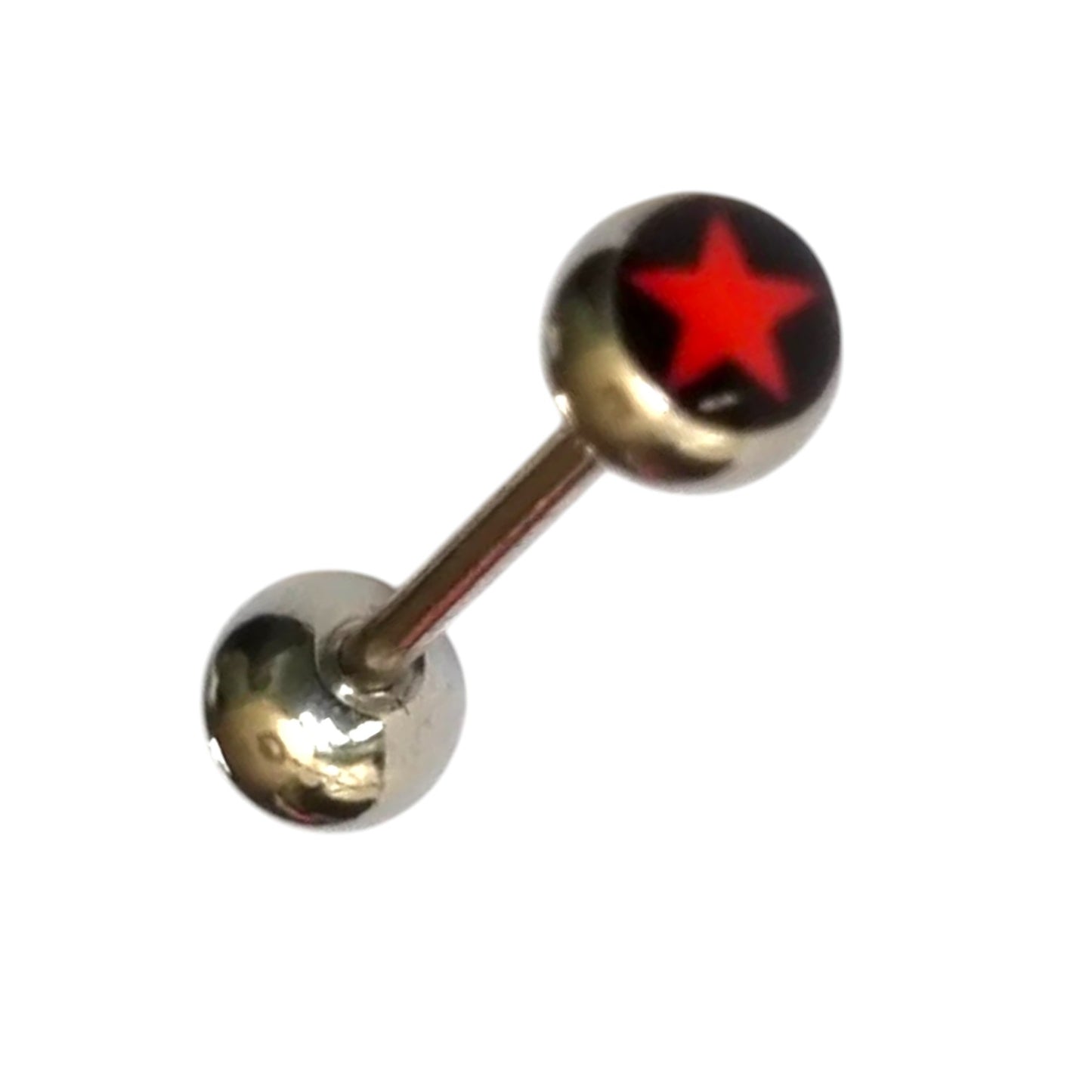 Aramat Jewels silver steel tongue piercing with a red star logo on a black background.