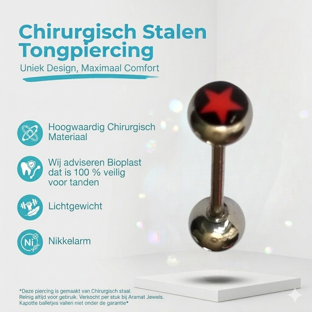 Aramat Jewels silver steel tongue piercing with a red star logo on a black background.