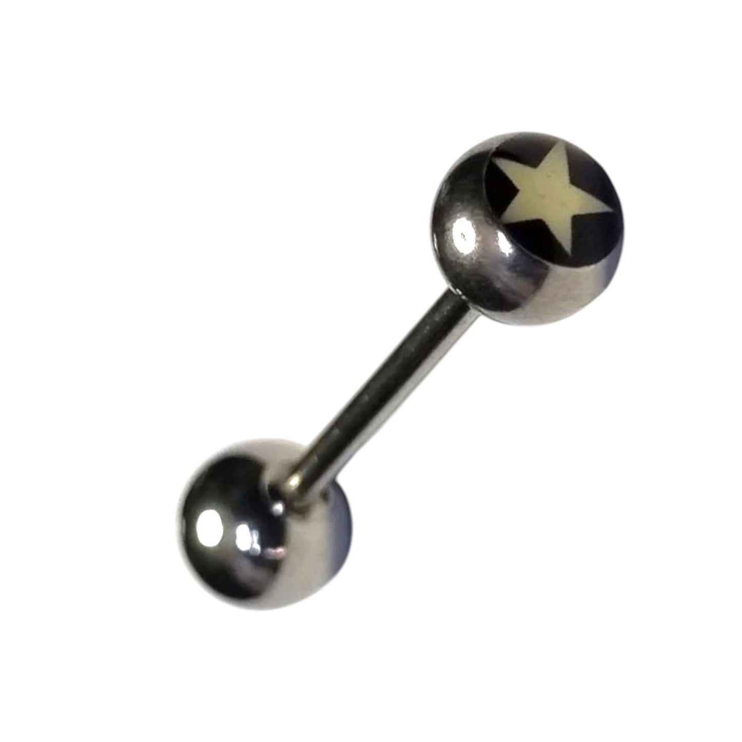 Aramat Jewels silver-tone steel tongue piercing with a black ball featuring a white star design.