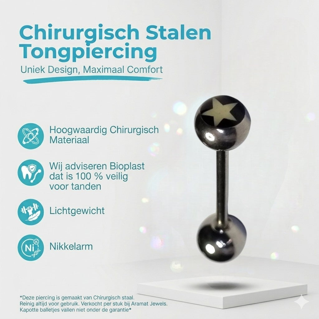 Aramat Jewels silver-tone steel tongue piercing with a black ball featuring a white star design.