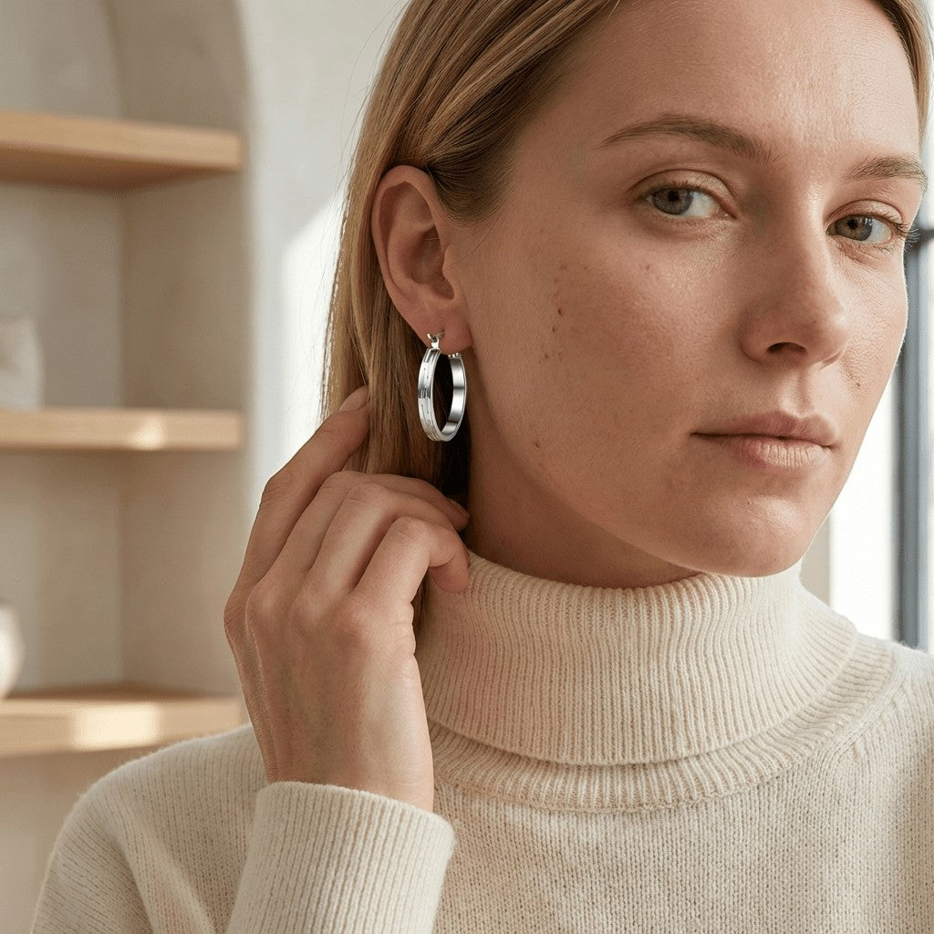 Aramat Jewels silver-tone stainless steel hoop earrings with a subtle striped pattern, 20mm diameter, worn by a woman.