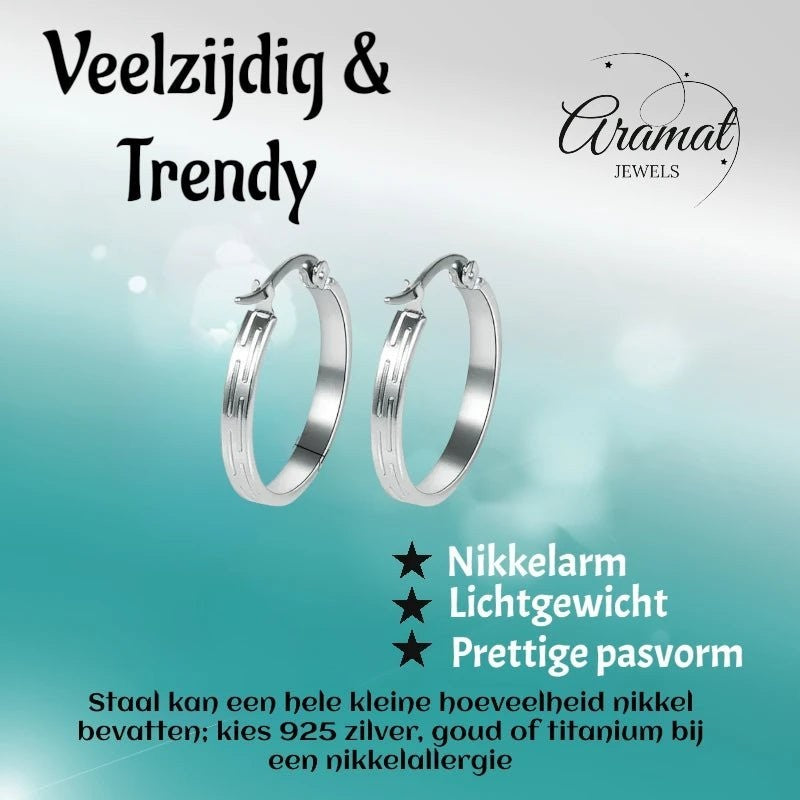 Aramat Jewels silver-tone stainless steel hoop earrings with a striped pattern, 20mm diameter, nickel-free and lightweight.