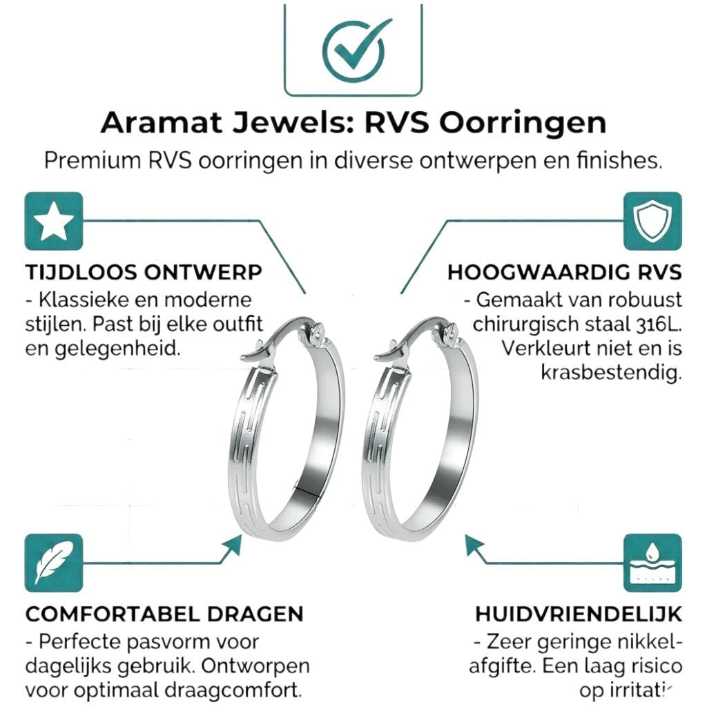 Aramat Jewels silver-tone stainless steel hoop earrings with a striped pattern, 20mm diameter.