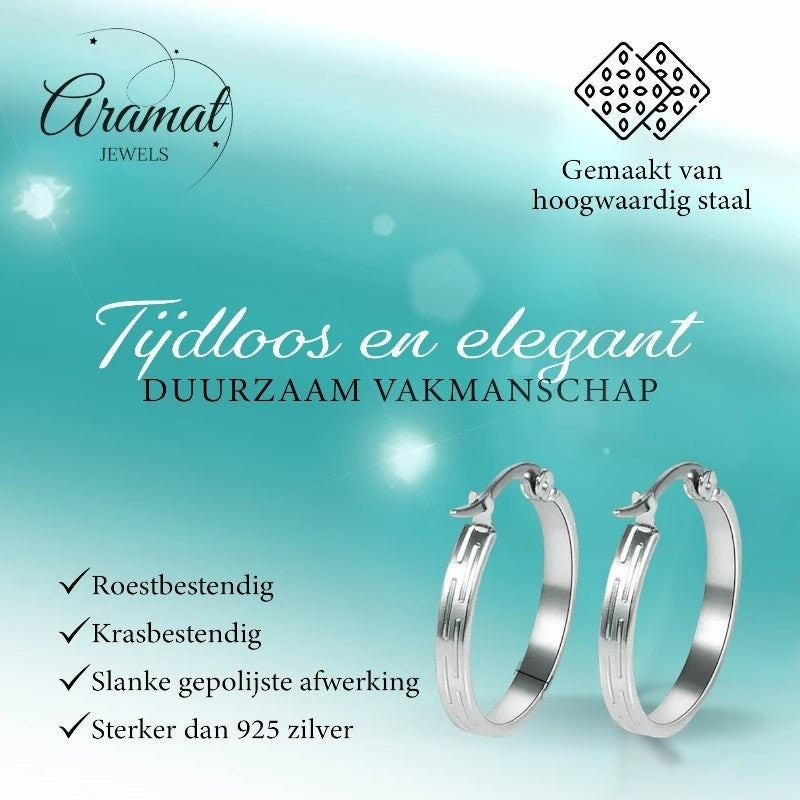 Aramat Jewels silver-tone stainless steel hoop earrings with a striped pattern, 20mm diameter.
