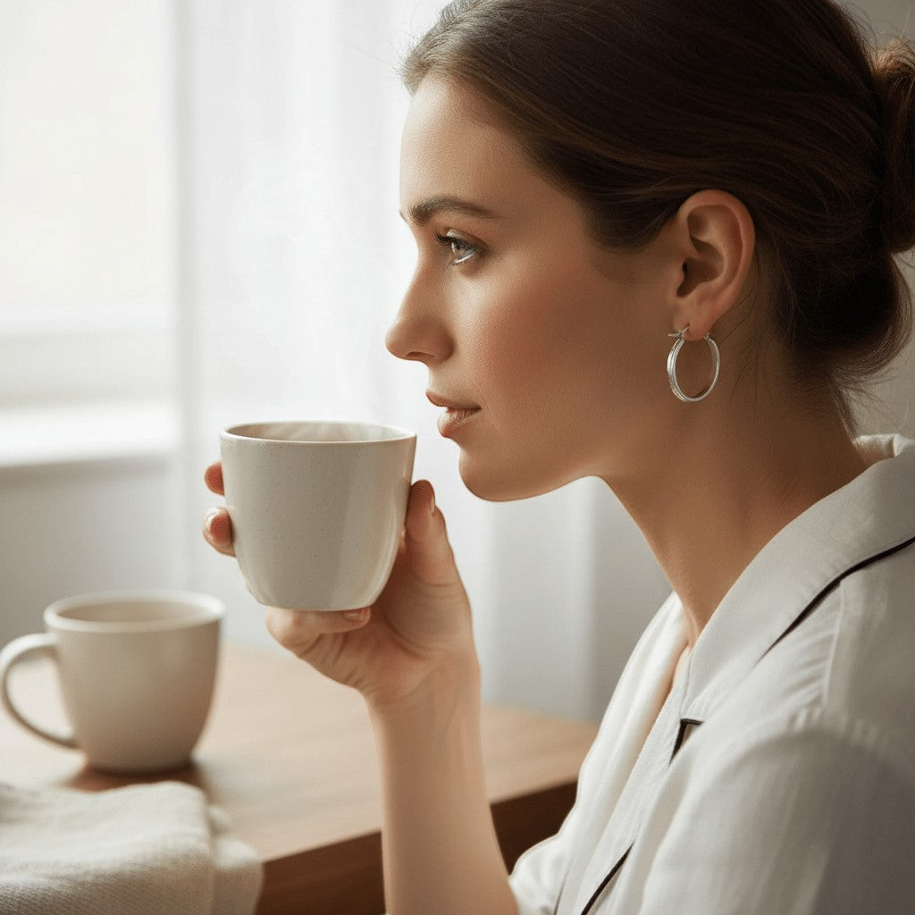 Aramat Jewels silver-tone stainless steel hoop earrings with a striped motif, 20mm diameter, worn by a woman holding a mug.