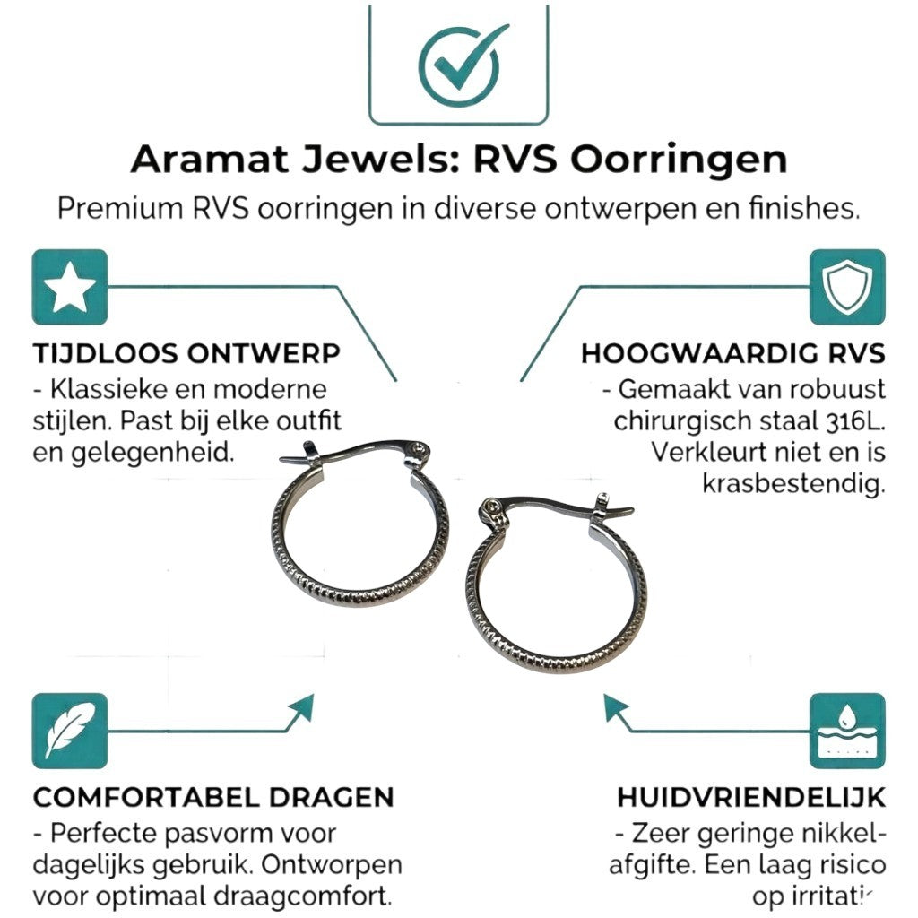 Aramat Jewels silver-tone stainless steel hoop earrings with a striped texture, 18mm diameter.