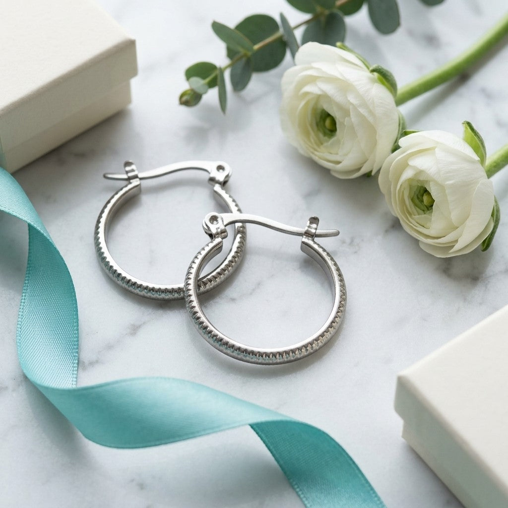 Aramat Jewels silver-tone stainless steel hoop earrings with a striped pattern, 18mm diameter.