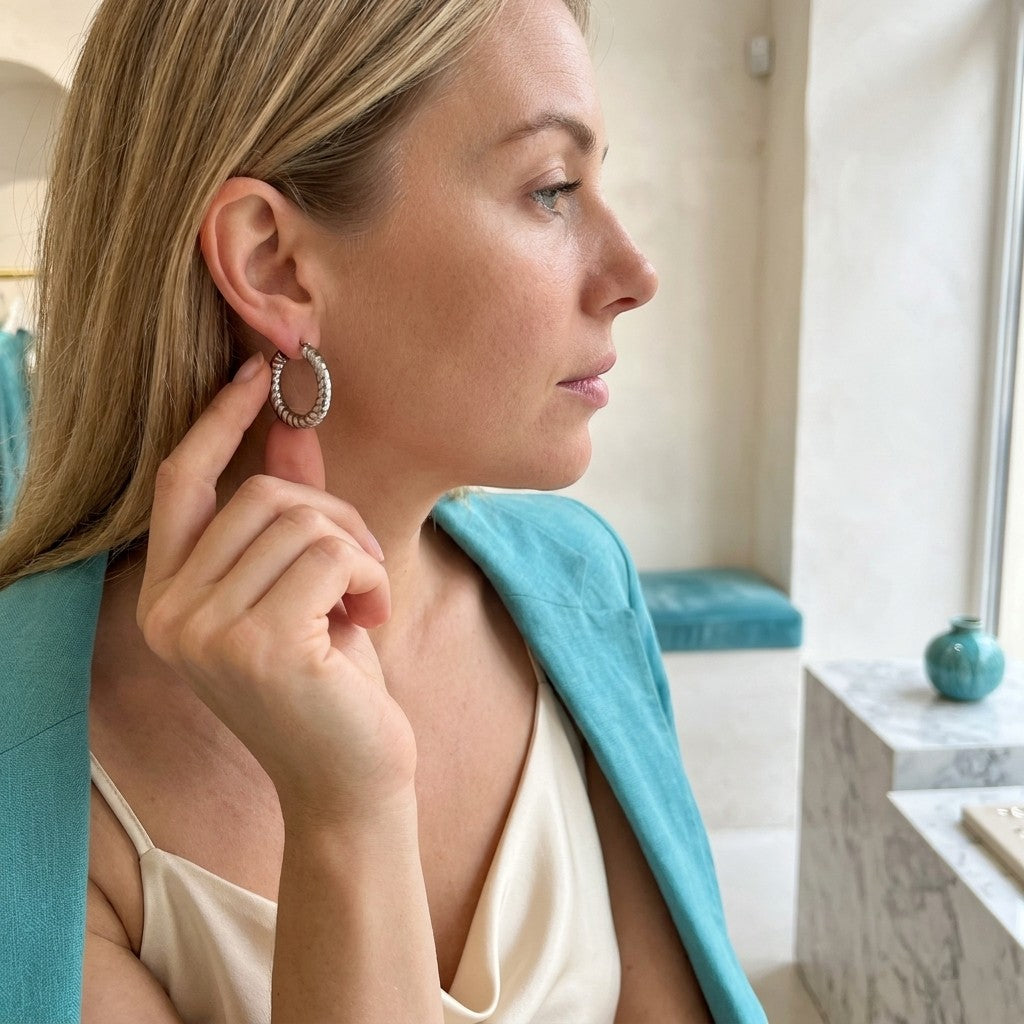 Aramat Jewels silver-colored hollow hoop earrings with a striped pattern, 30mm diameter, worn by a blonde woman.