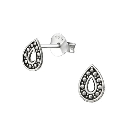 Aramat Jewels 925 sterling silver drop stud earrings with a dark oxidized Bali-style beaded pattern.