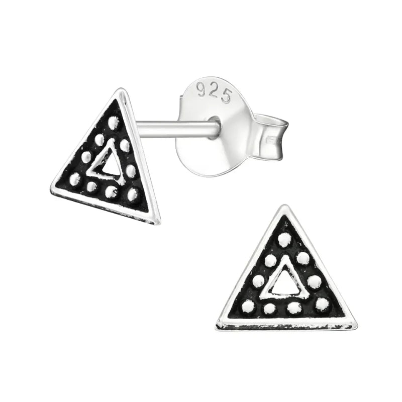 Aramat Jewels 925 sterling silver triangle stud earrings with a dark Bali-style beaded pattern and open center