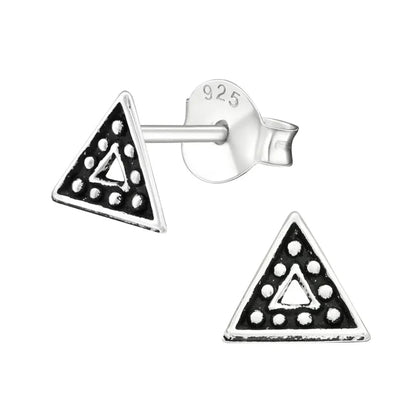 Aramat Jewels 925 sterling silver triangle stud earrings with a dark Bali-style beaded pattern and open center