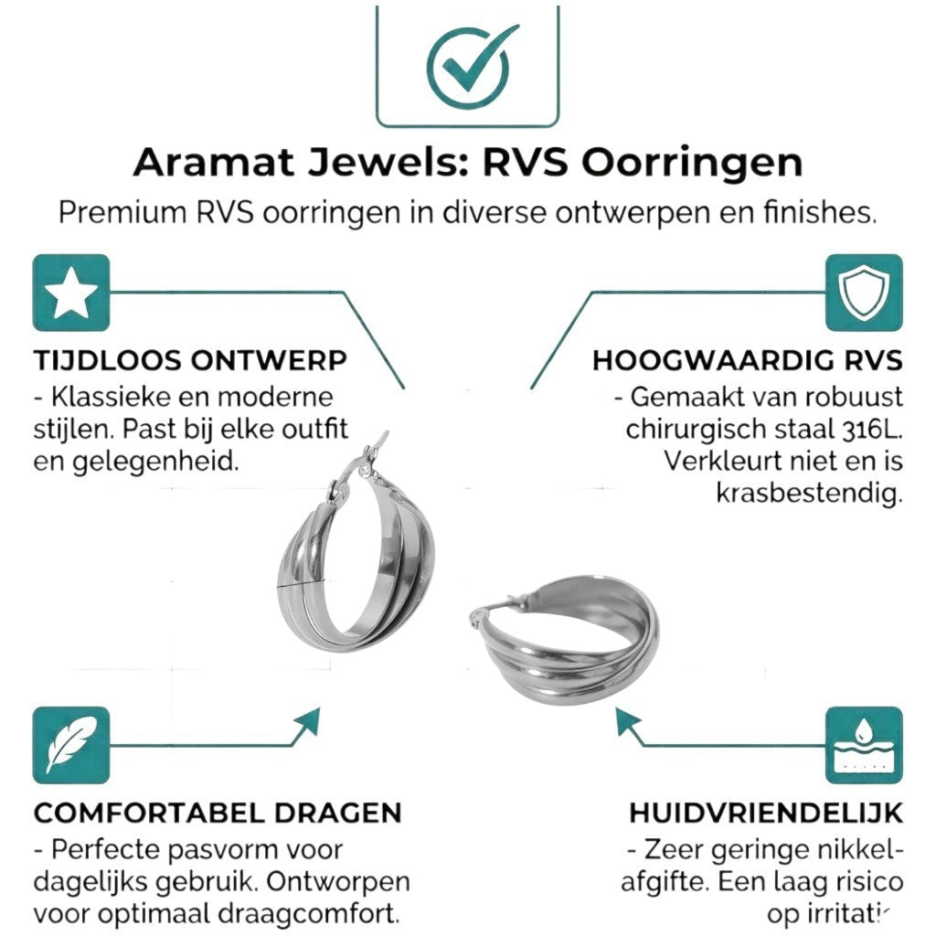 Aramat Jewels silver-tone stainless steel triple hoop earrings with a twisted design. 25x9mm.