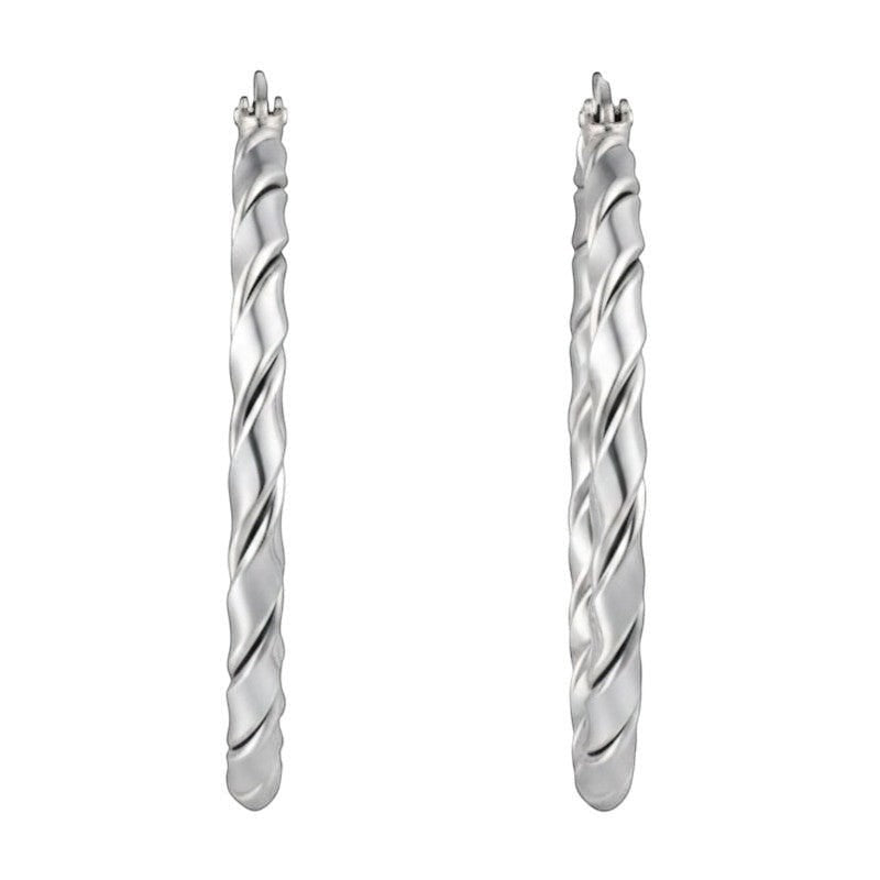 Aramat Jewels silver-tone stainless steel twisted hoop earrings, 45mm. Modern, stylish, and versatile.