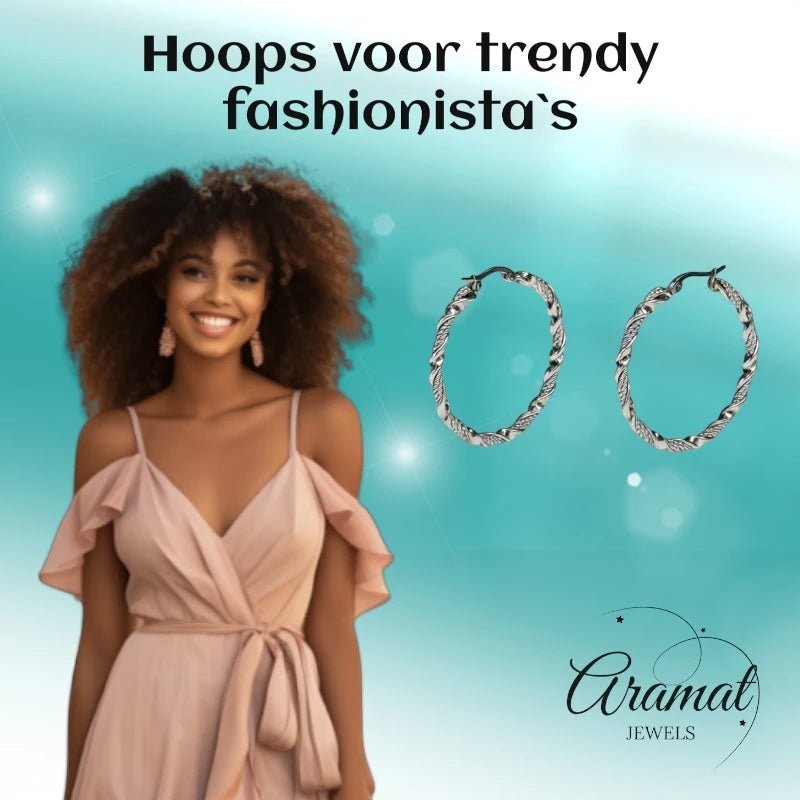 Aramat Jewels silver-tone stainless steel twisted hoop earrings, 30mm or 40mm diameter, with a shiny finish.