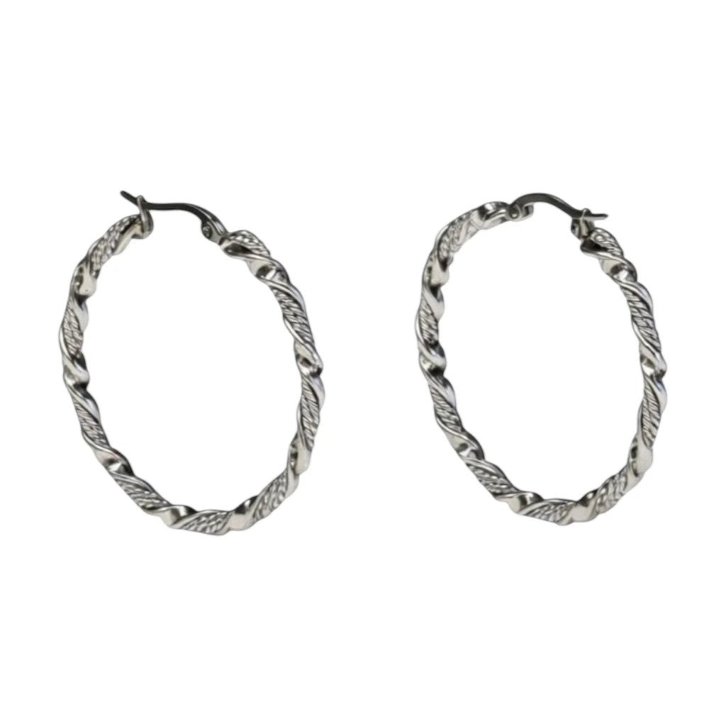 Aramat Jewels silver-tone stainless steel twisted hoop earrings, 30mm or 40mm diameter, 3mm width, with a shiny finish.