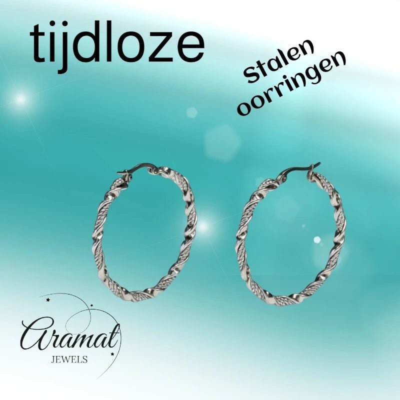 Aramat Jewels silver-tone stainless steel twisted hoop earrings, 30mm or 40mm diameter, 3mm width, with a shiny finish.